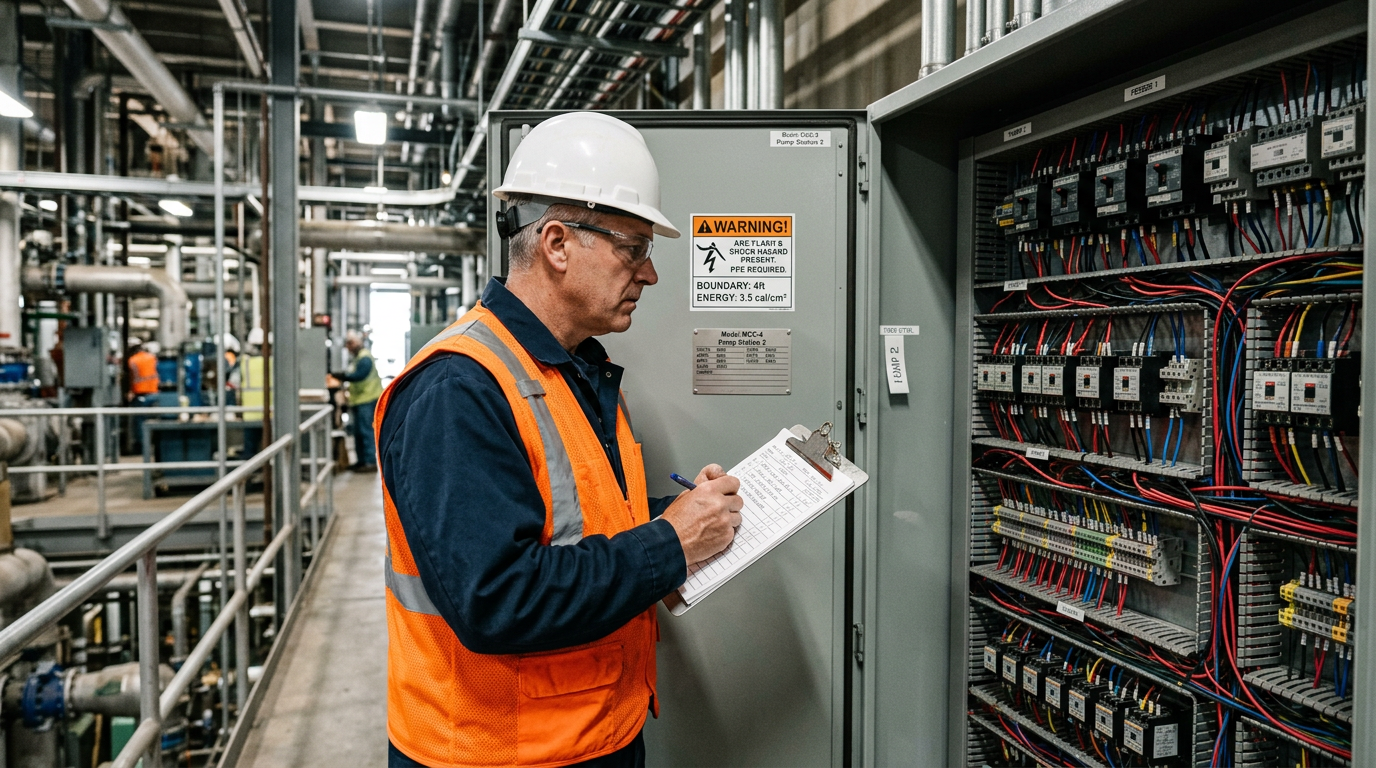 Inspector verifying electrical equipment labeling, wiring, and compliance documentation on site