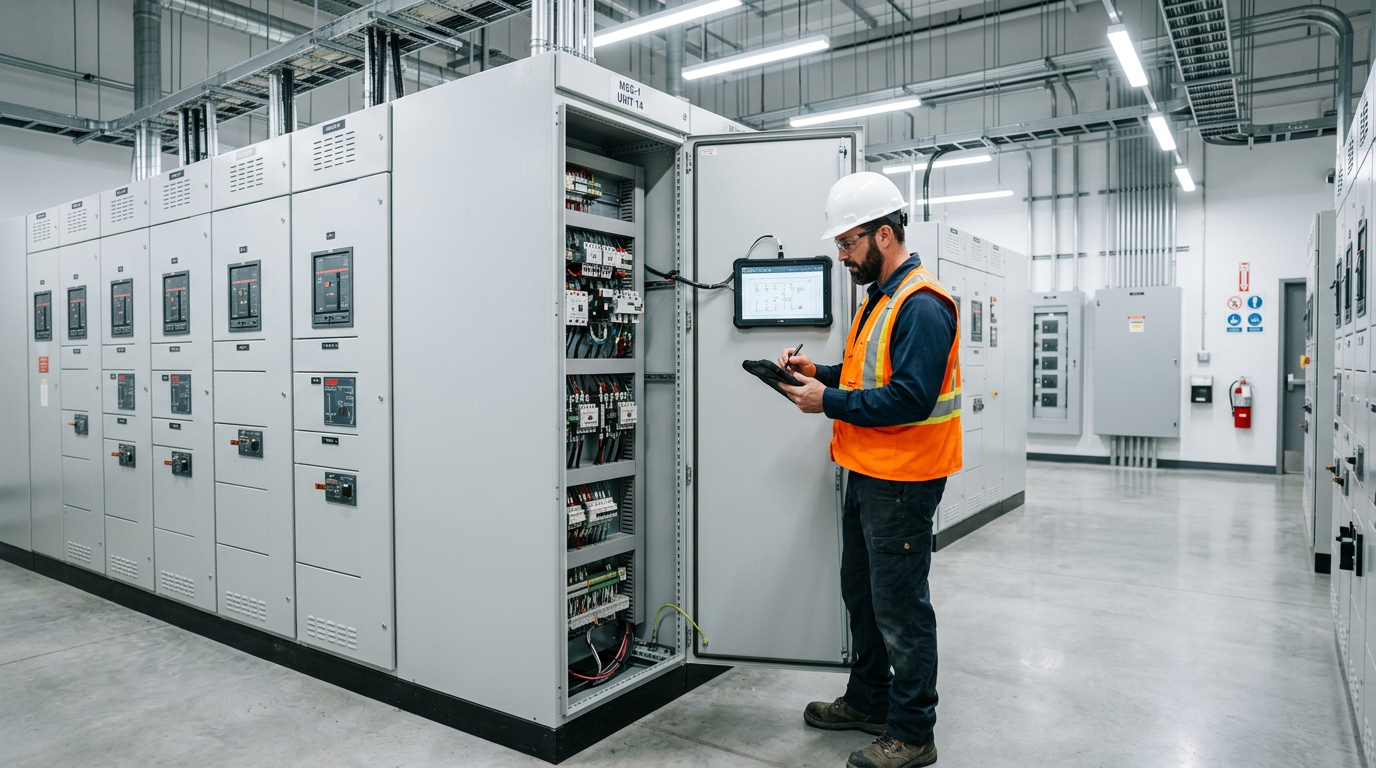 Electrical inspector reviewing motor control center and panel installation