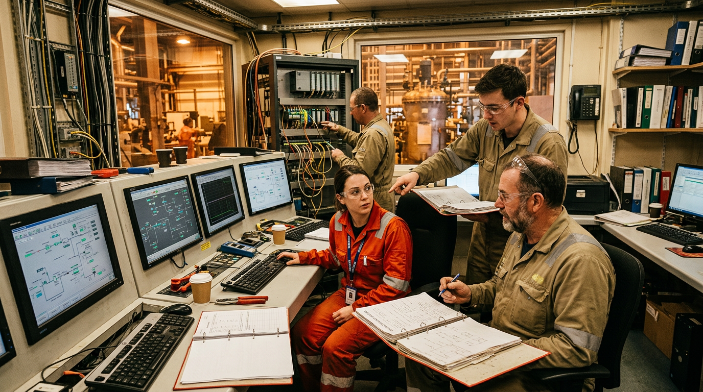 Commissioning activity at site with control room and field coordination
